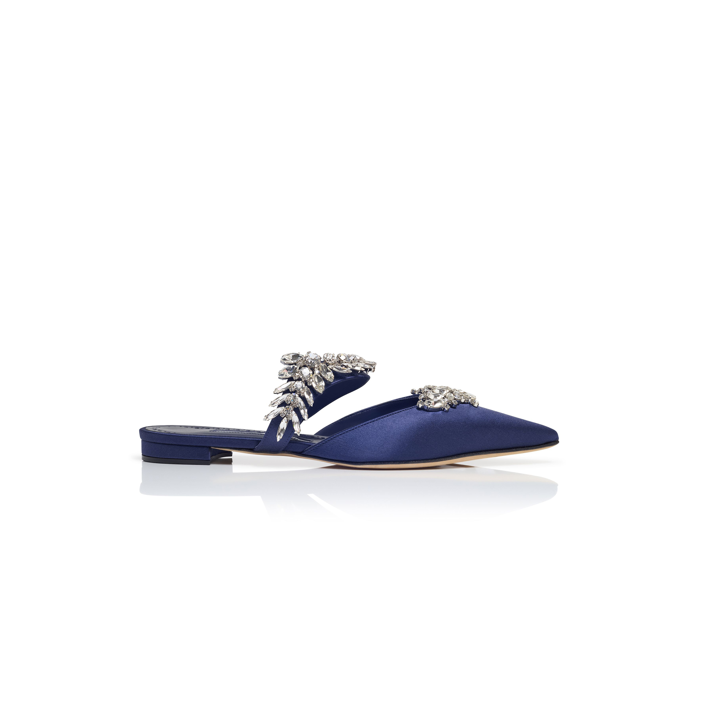 MANOLO BLAHNIK LURUMFLATUS NAVY BLUE SATIN CRYSTAL EMBELLISHED FLAT MULES 122-1947-0006